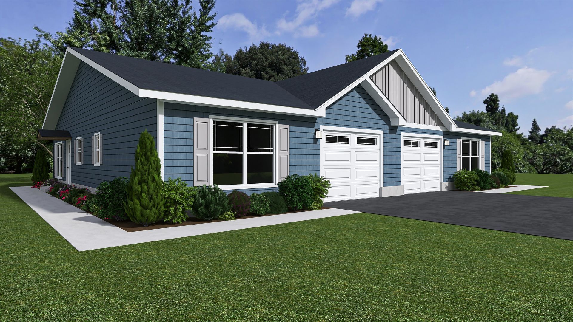 Blue house with white garage doors, shutters, and trim. Asphalt driveway and green lawn.