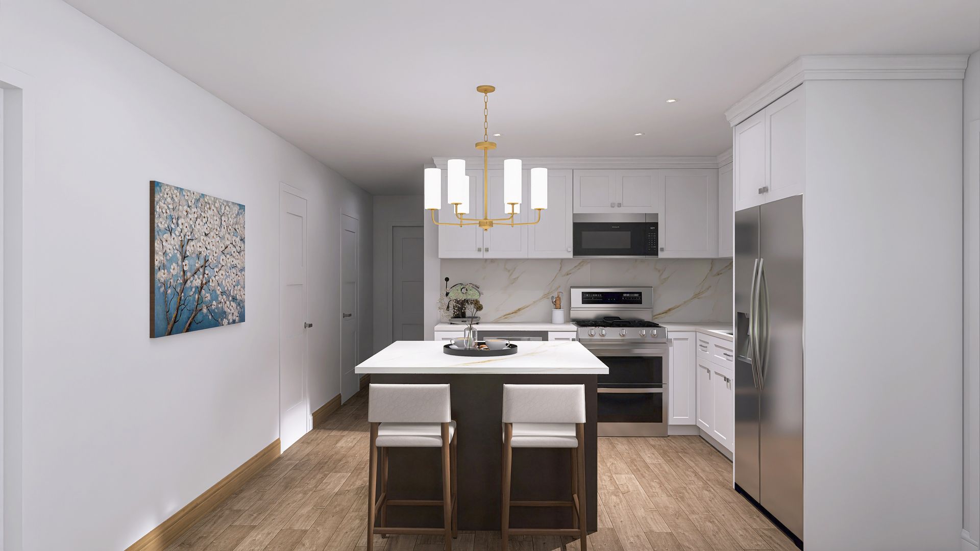 Modern kitchen with white cabinets, island with stools, and stainless steel appliances.