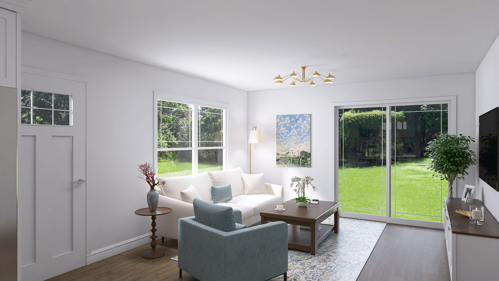Bright living room with a white couch, blue armchair, and large windows overlooking a green yard.