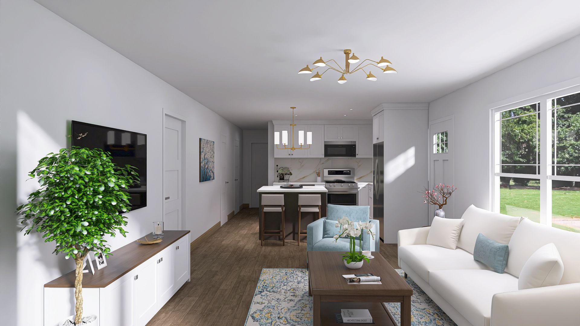 Modern living room with kitchen. White walls, wood floor, white sofa, blue armchair, and coffee table.