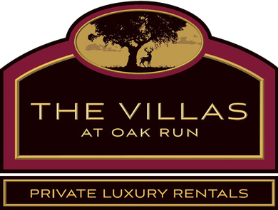 Logo for "The Villas at Oak Run," featuring a tree and deer, burgundy and gold.