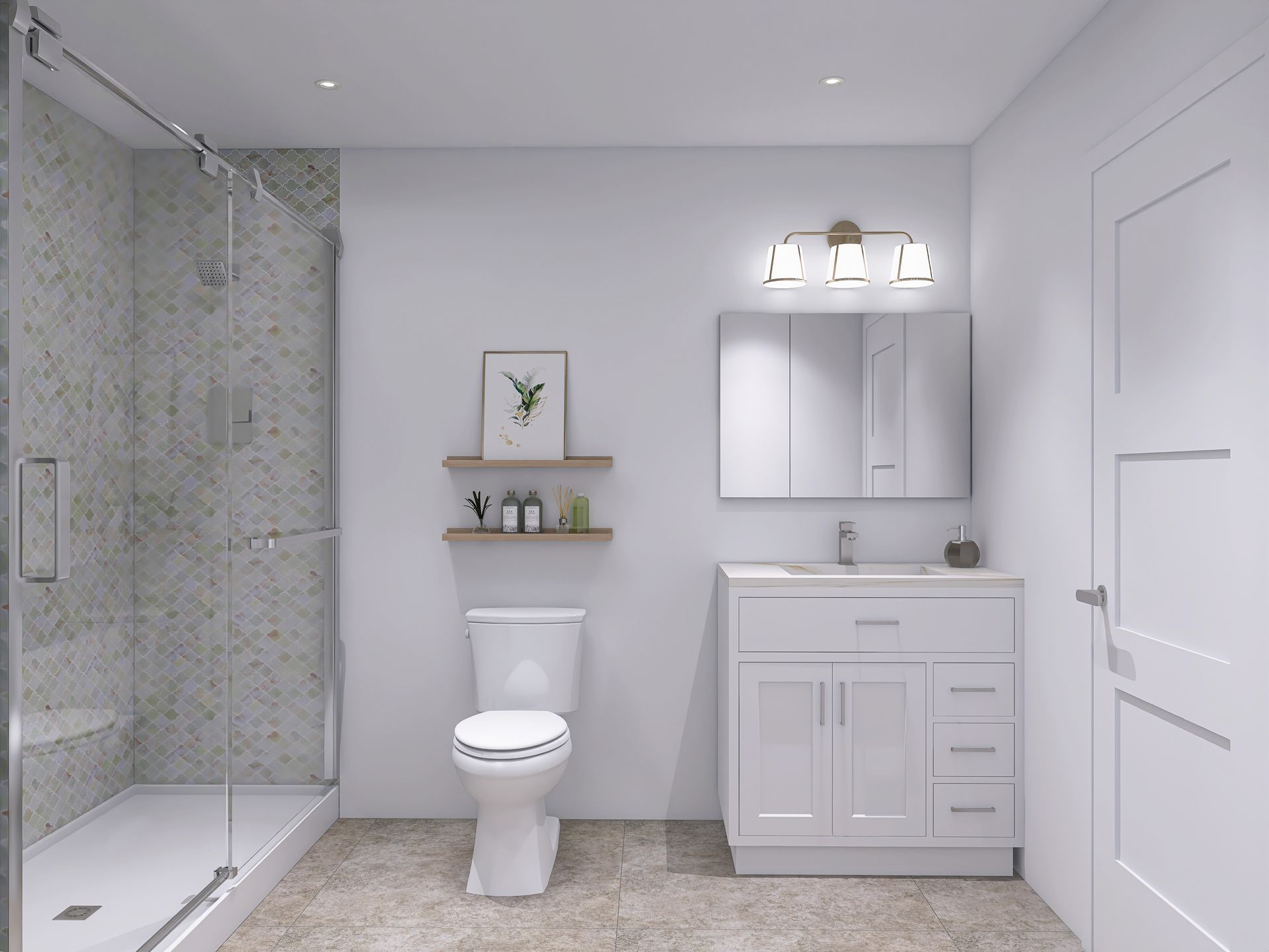 Bathroom with shower, toilet, vanity, medicine cabinet, and door; neutral tones.