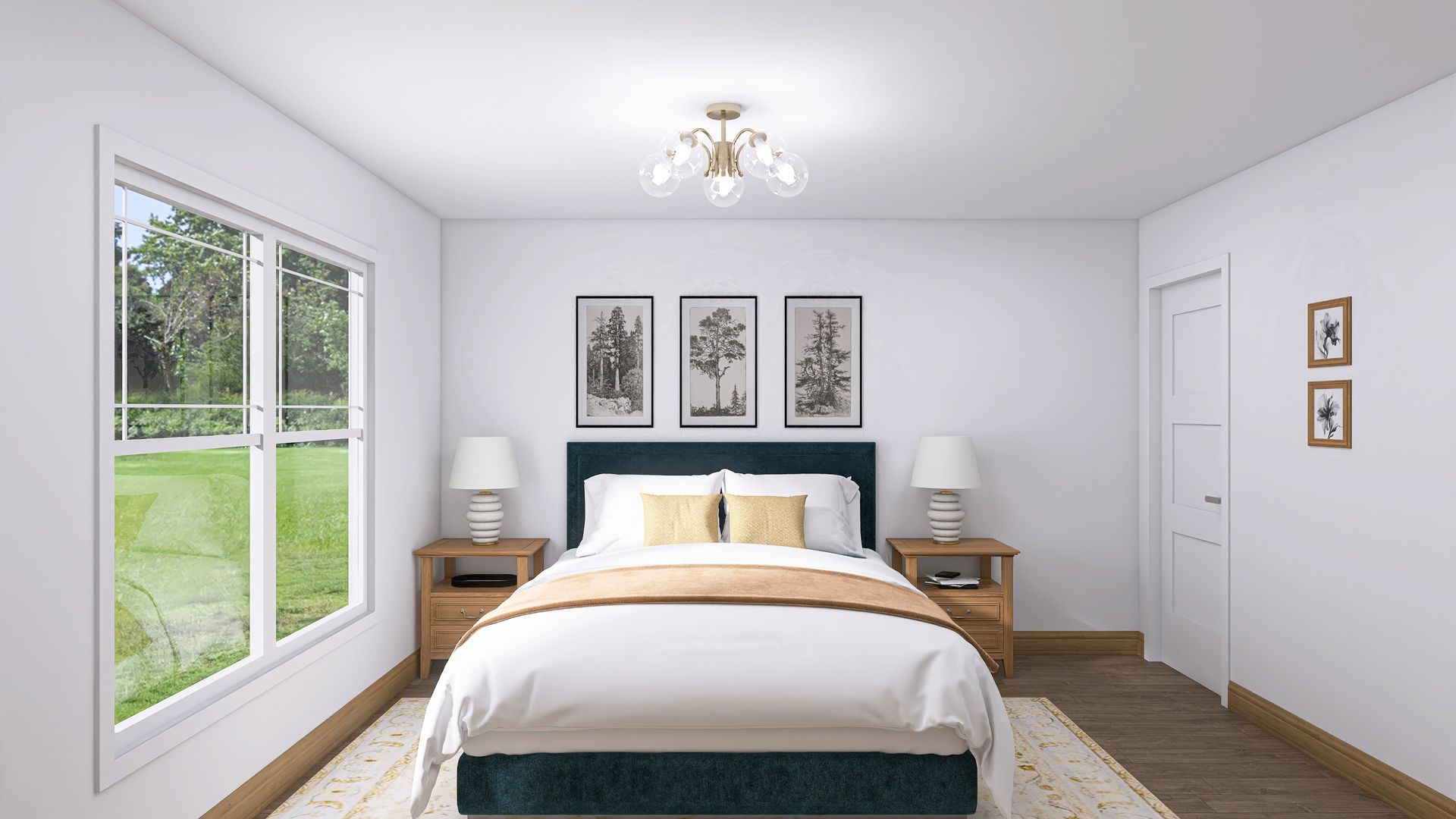 Bedroom with a double bed, nightstands, artwork, and a window overlooking greenery. White walls and wood floors.