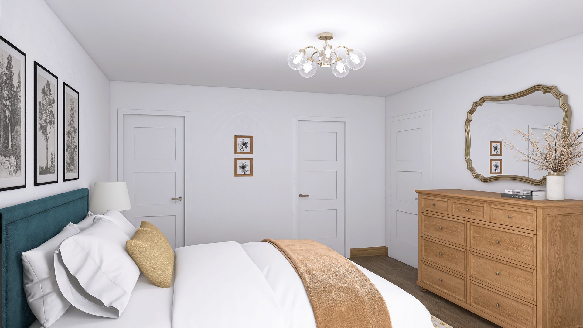 Bedroom with a bed, dresser, mirror, and artwork on white walls.