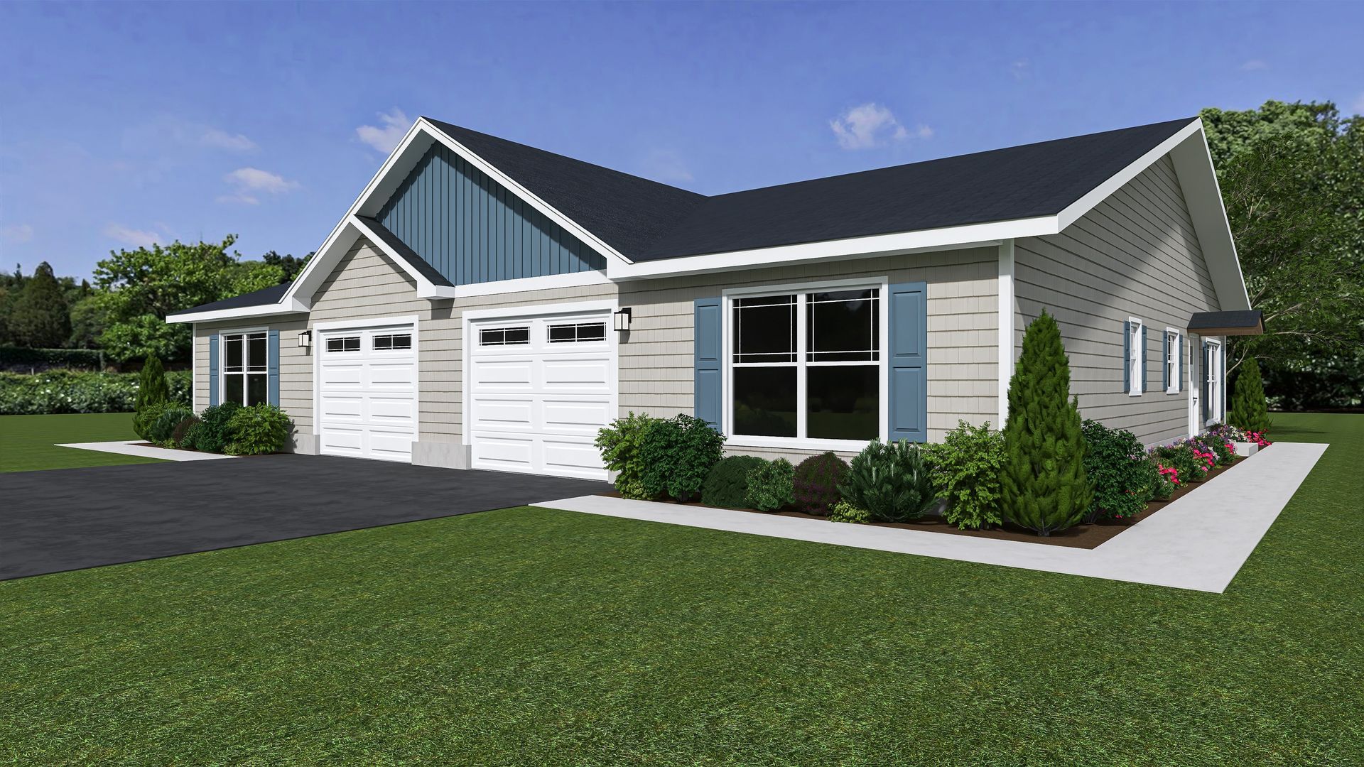 A gray, modern house with a blue accent gable, two-car garage, and blue shutters.