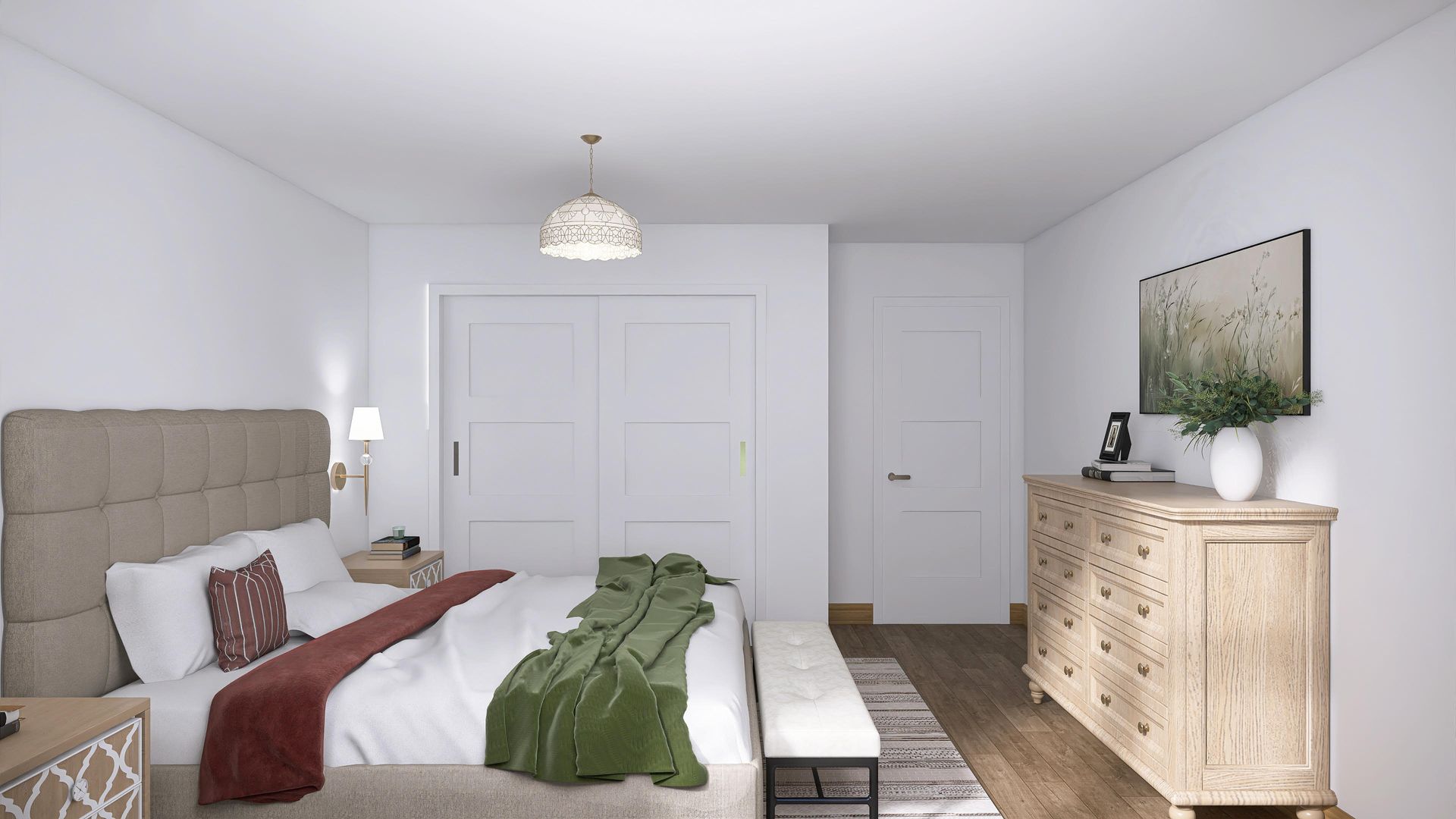 Bedroom interior with neutral tones: bed, dresser, doors, artwork, and pendant light.