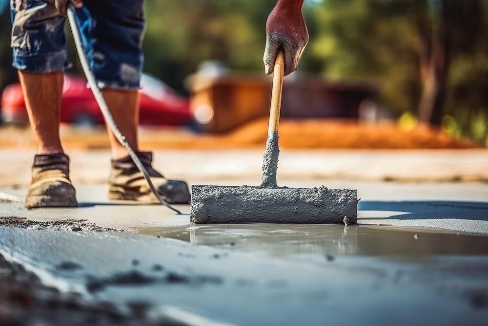 A person hand-leveling concrete with a trowel, smoothing the surface.