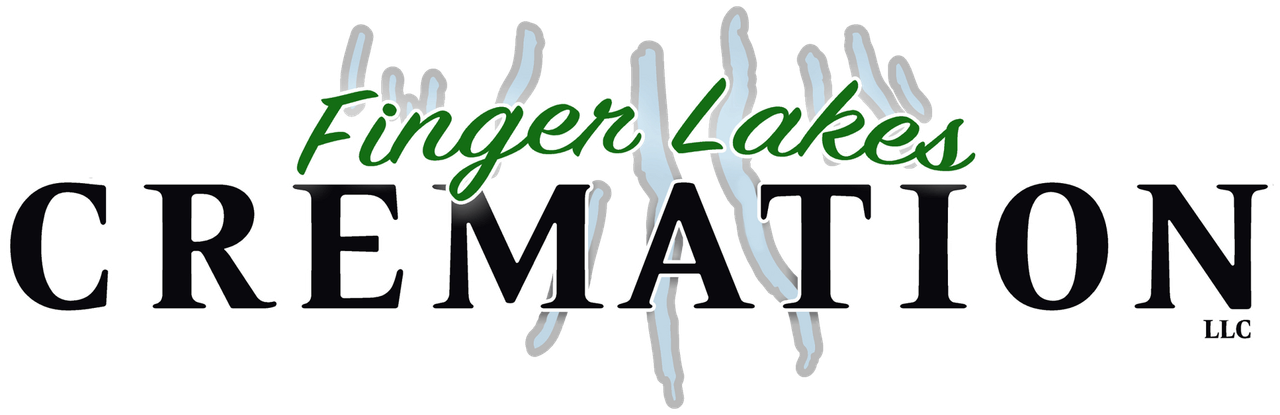 Finger Lakes Cremation LLC logo with text, stylized lakes in background.