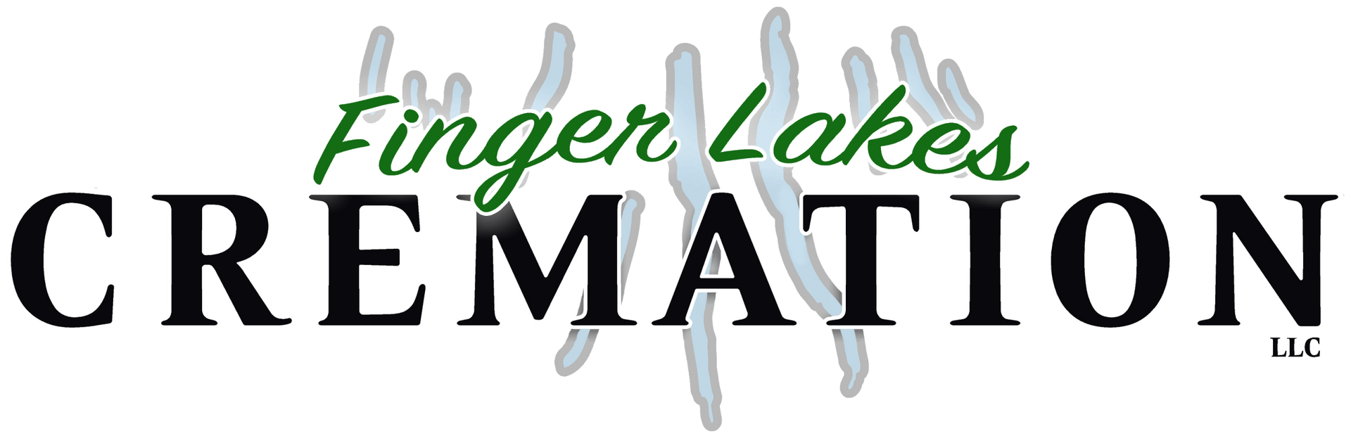 Finger Lakes Cremation LLC logo with text, stylized lakes in background.