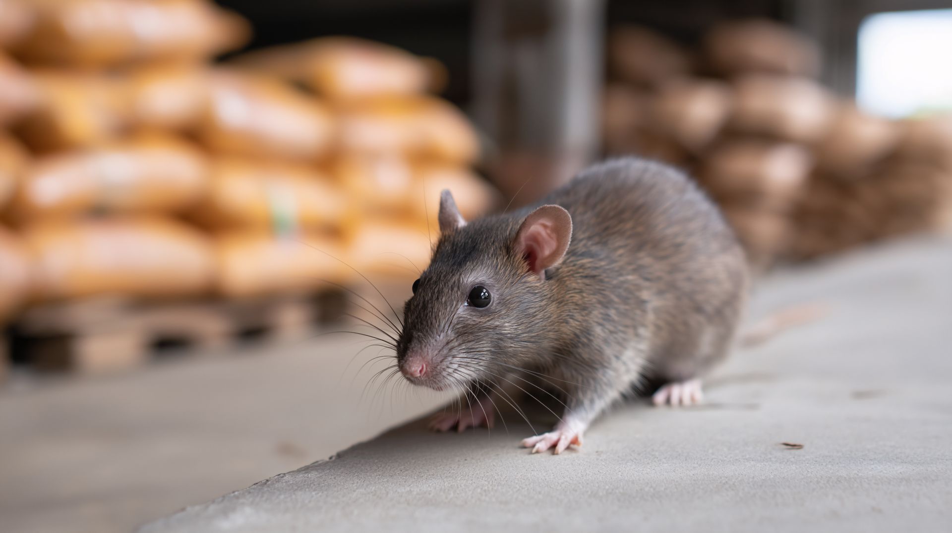 A rat is standing on the ground in front of a pile of sausages.