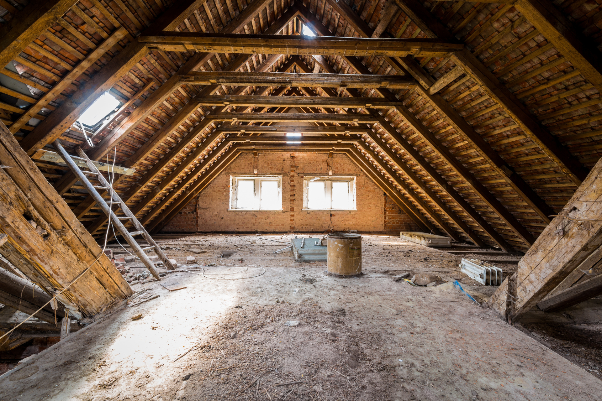 There is a ladder in the attic of a house.