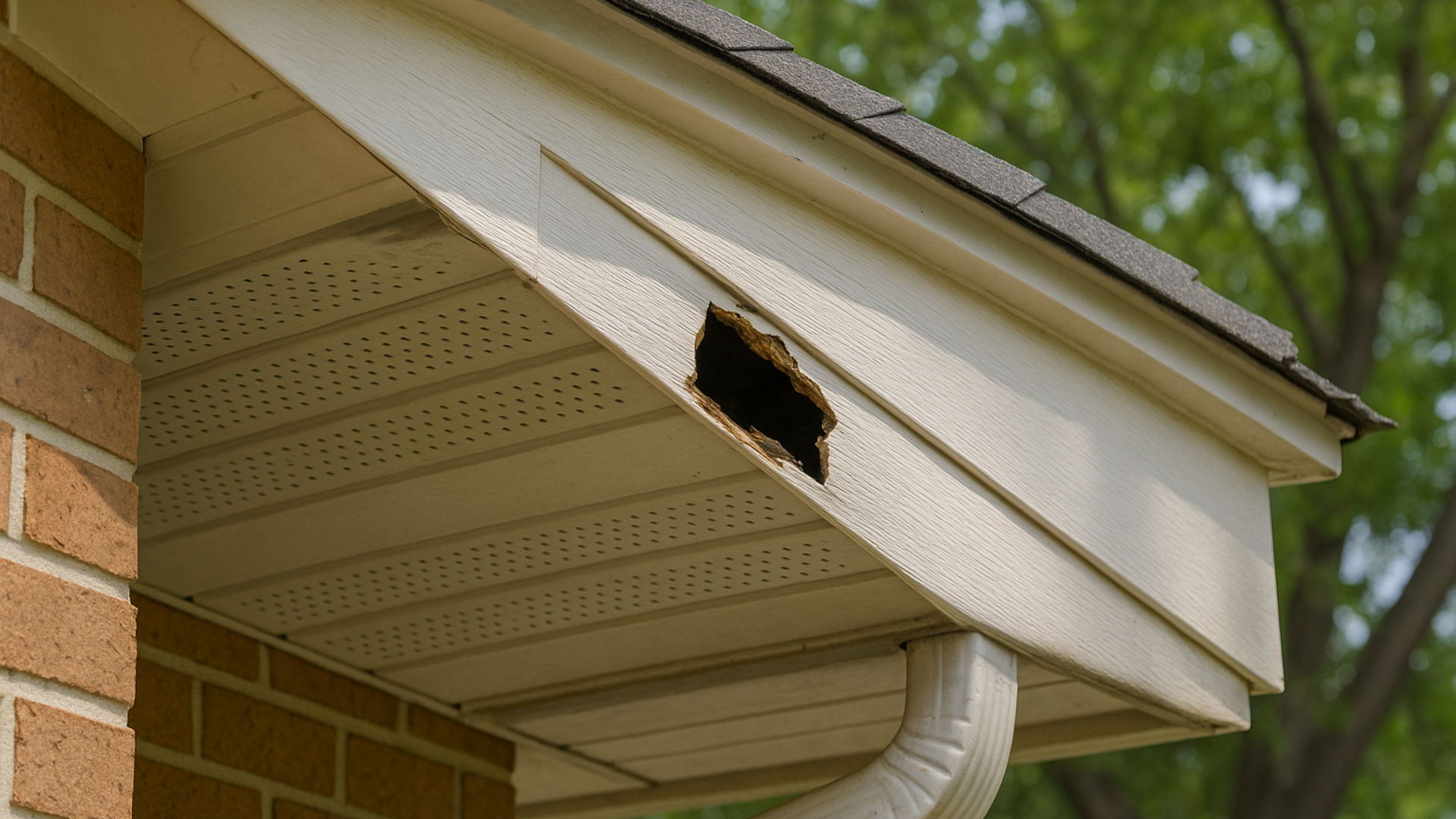 There is a hole in the roof of a house.