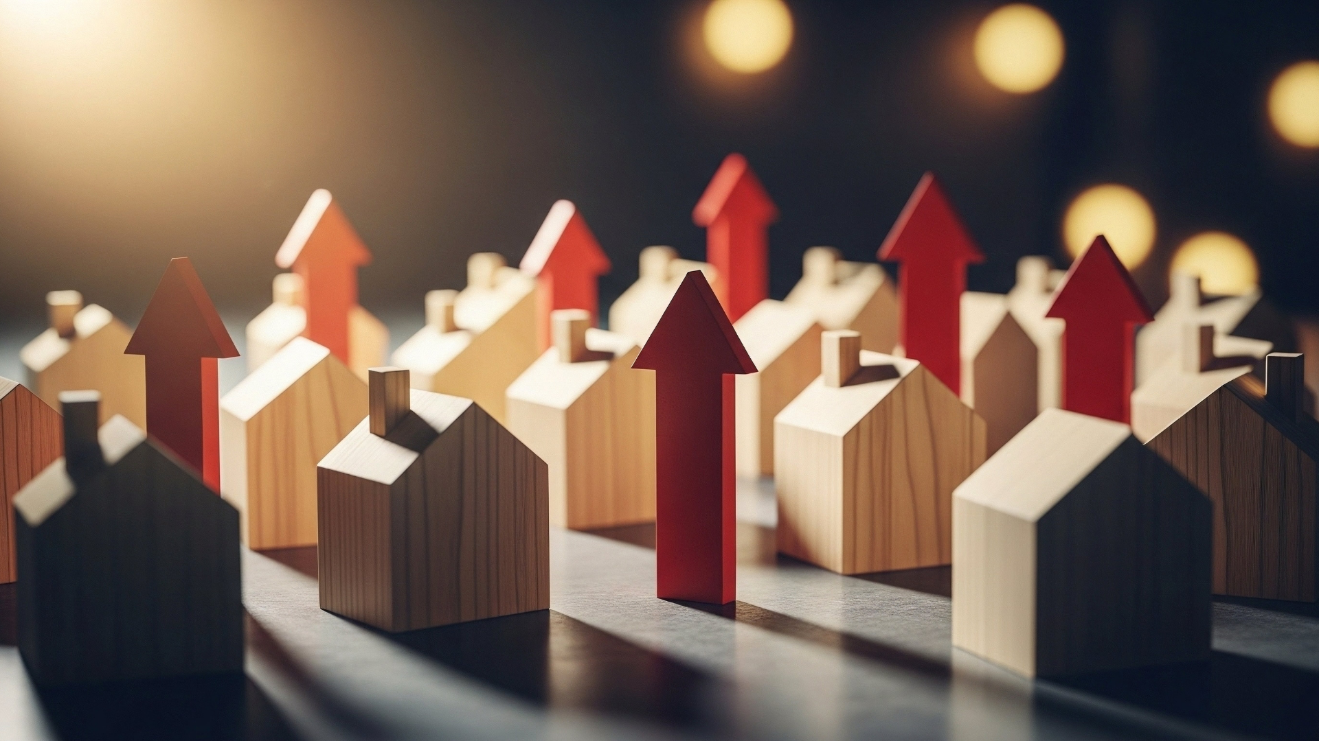 Miniature houses with upward-pointing red arrows, suggesting rising property values.