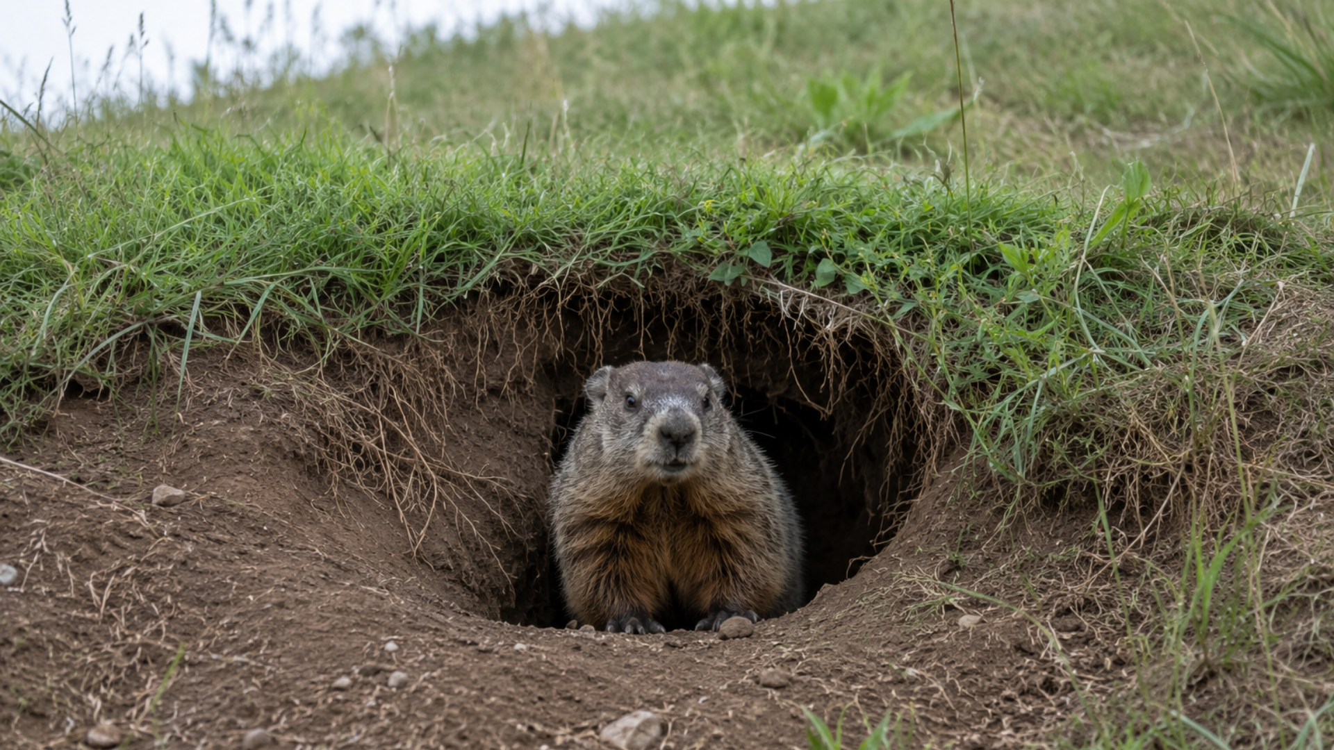 Groundhog peering from a burrow entrance in a grassy field
