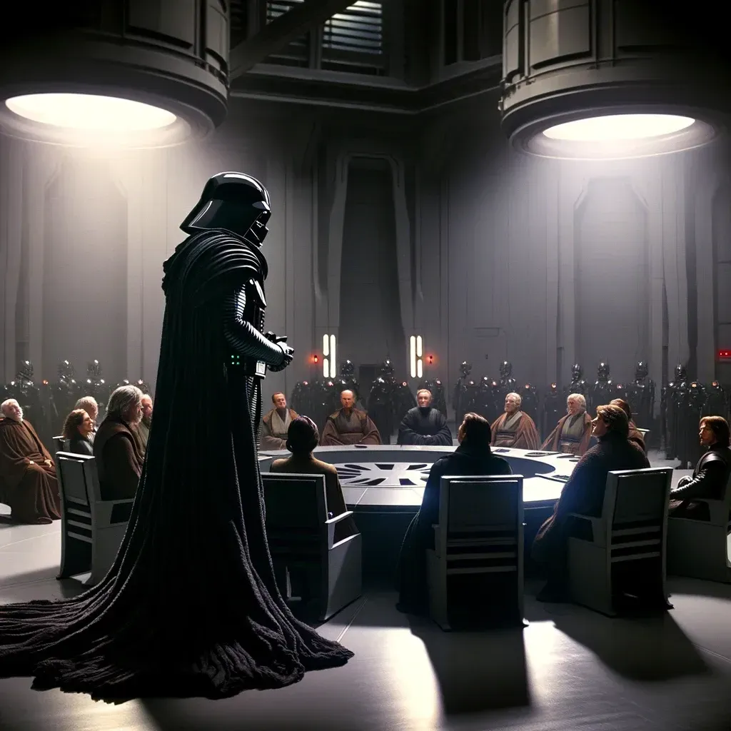 Das Bild zeigt eine dunkle Gestalt, die vor einem Gremium steht.