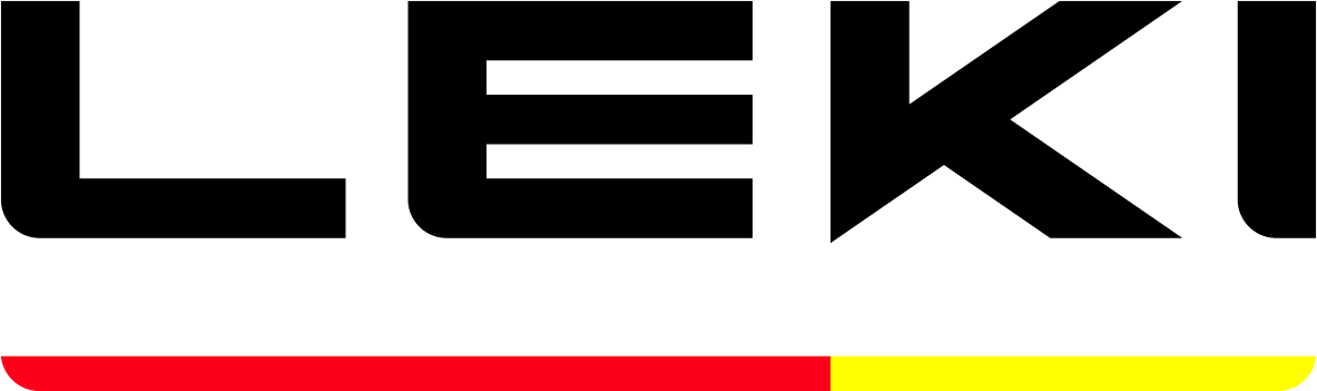 The logo for leki is black and red with a yellow stripe.