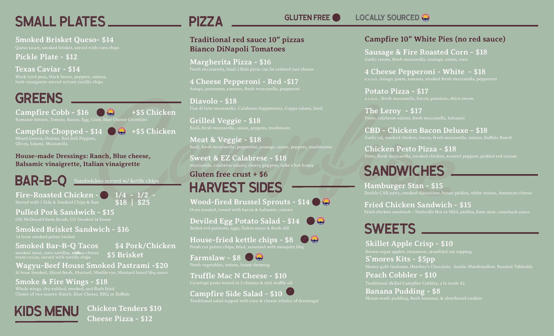 Campfire Evergreen Menus Lunch Dinner Wine Drinks