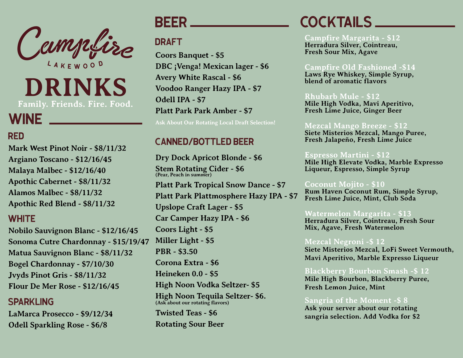 Campfire Evergreen Menus Lunch Dinner Wine Drinks