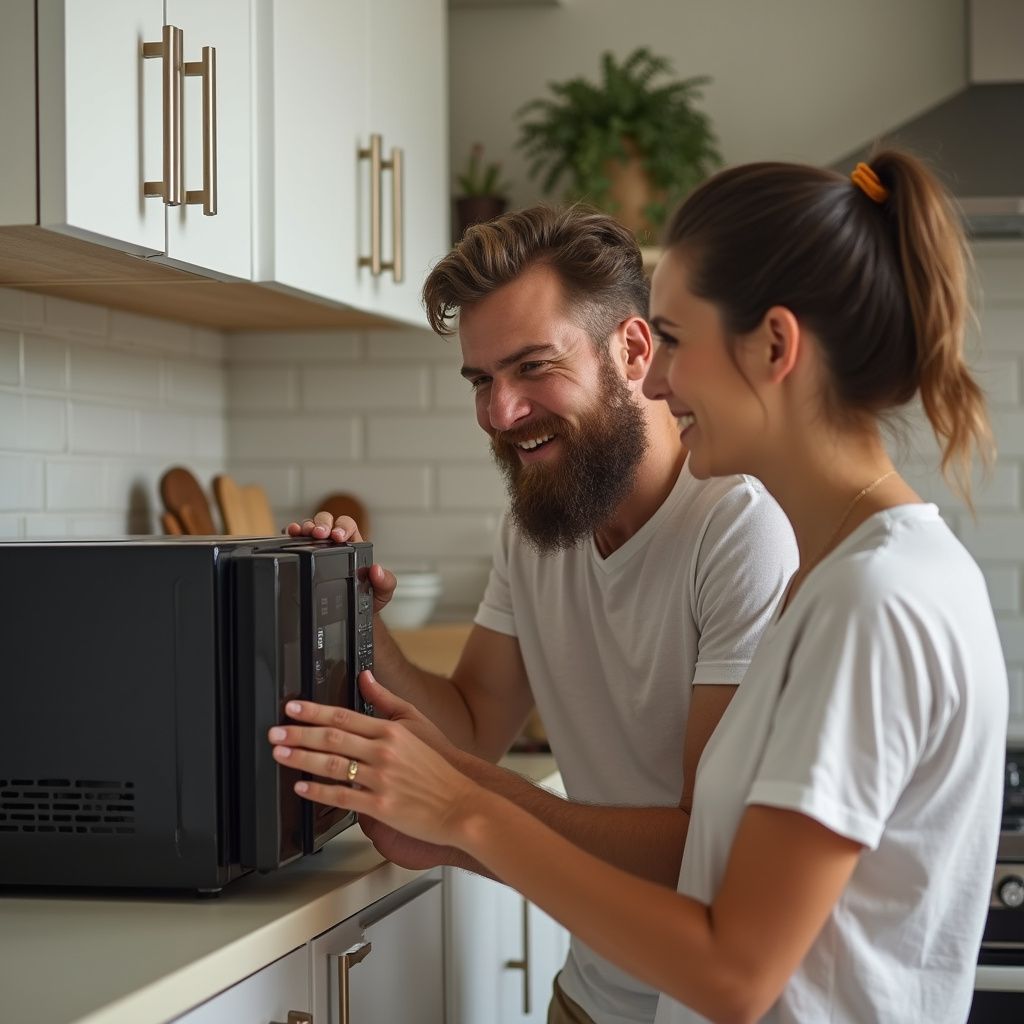 Couple smiling, opening microwave in a white kitchen with cabinets and plants.