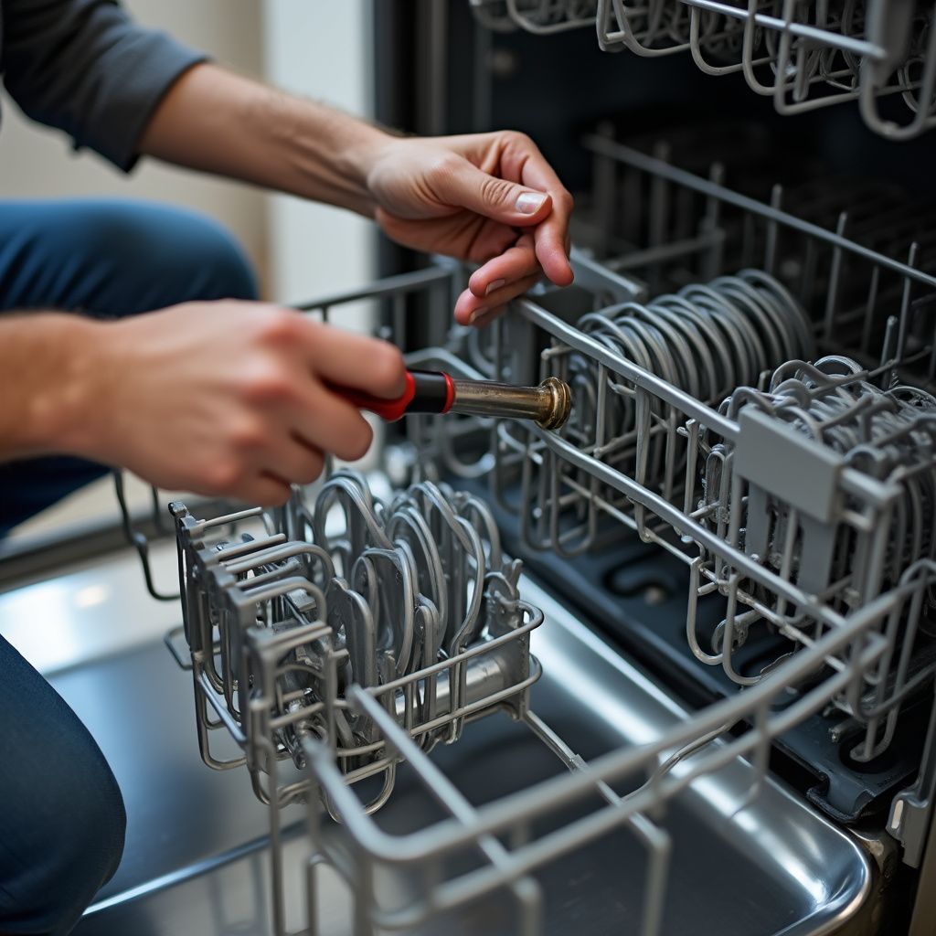 Person repairs dishwasher rack with a screwdriver. Inside a stainless steel dishwasher.