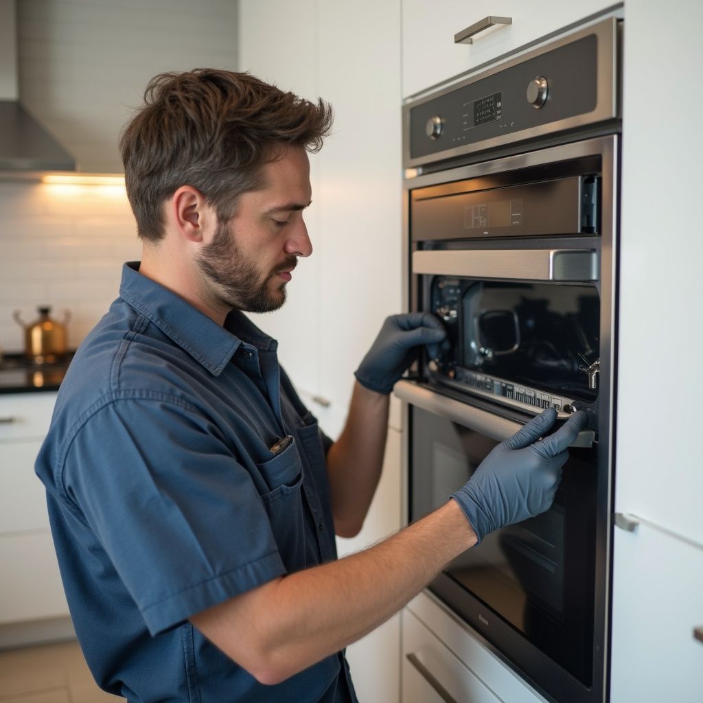 A person wearing gloves, repairing an oven in a kitchen.