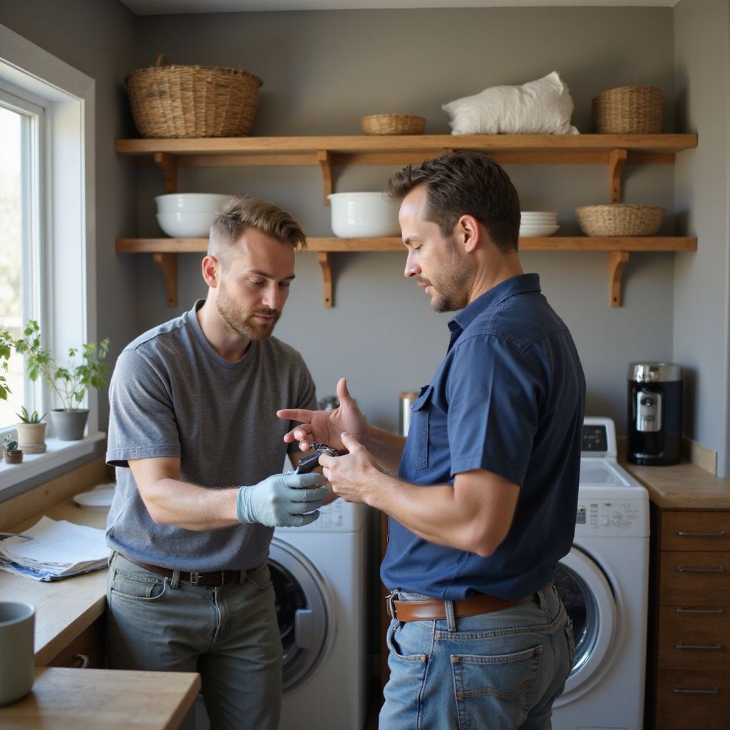 Two men examine a tool in a laundry room. One wears a glove. Wooden shelves hold bowls, baskets. A window is on the left.