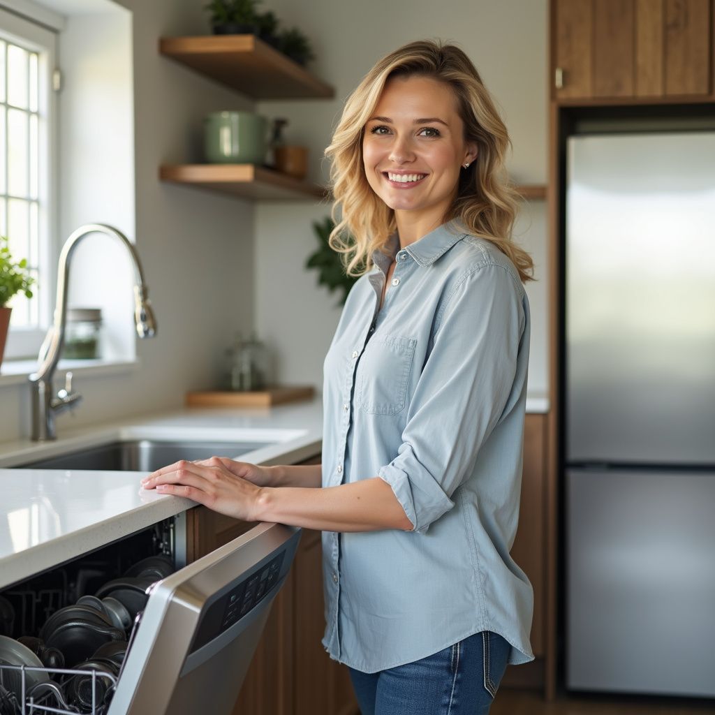 Woman smiling in kitchen, loading dishwasher; wearing blue shirt and jeans.