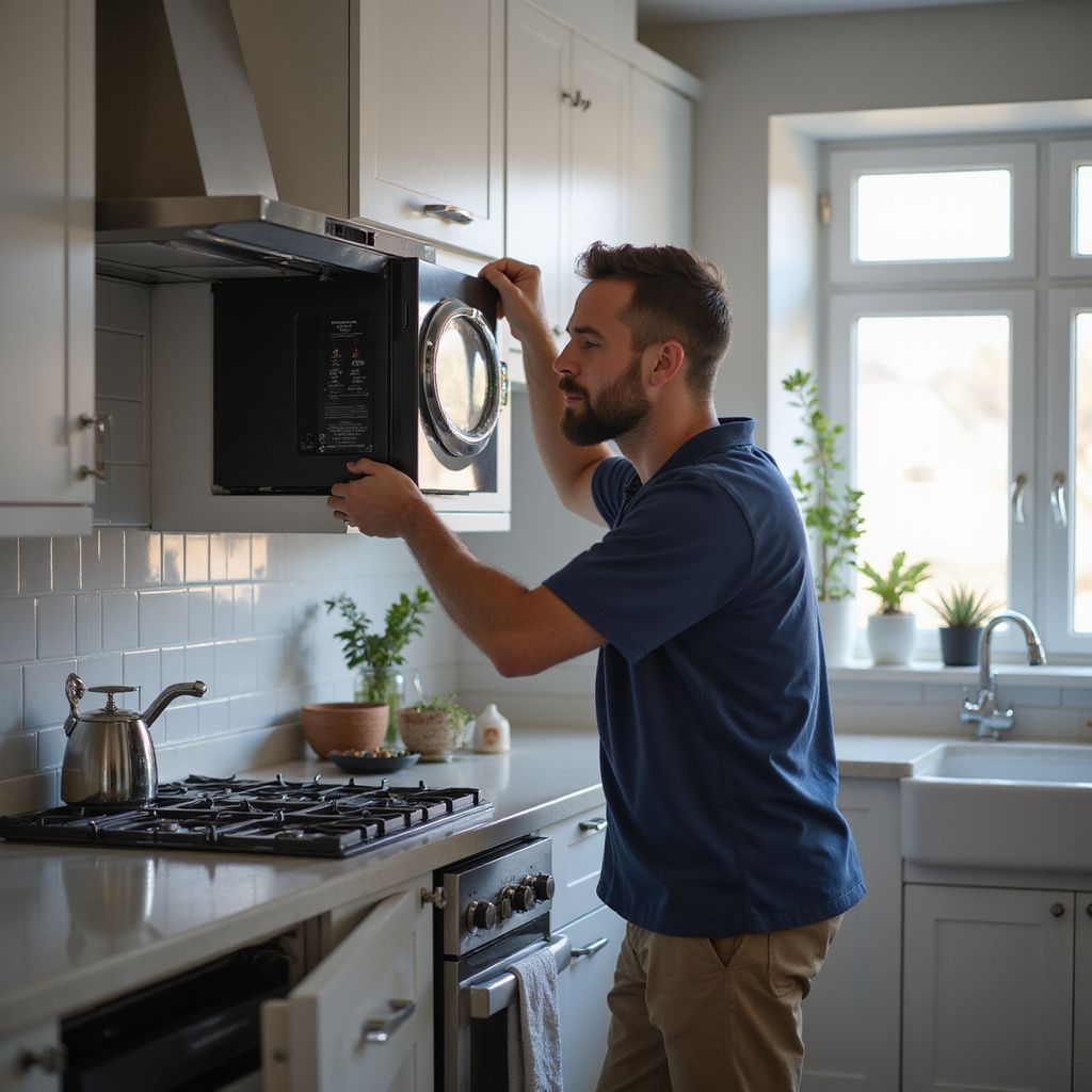 Man opens microwave above stove in a kitchen. He wears a blue shirt and khaki pants. White cabinets, window.