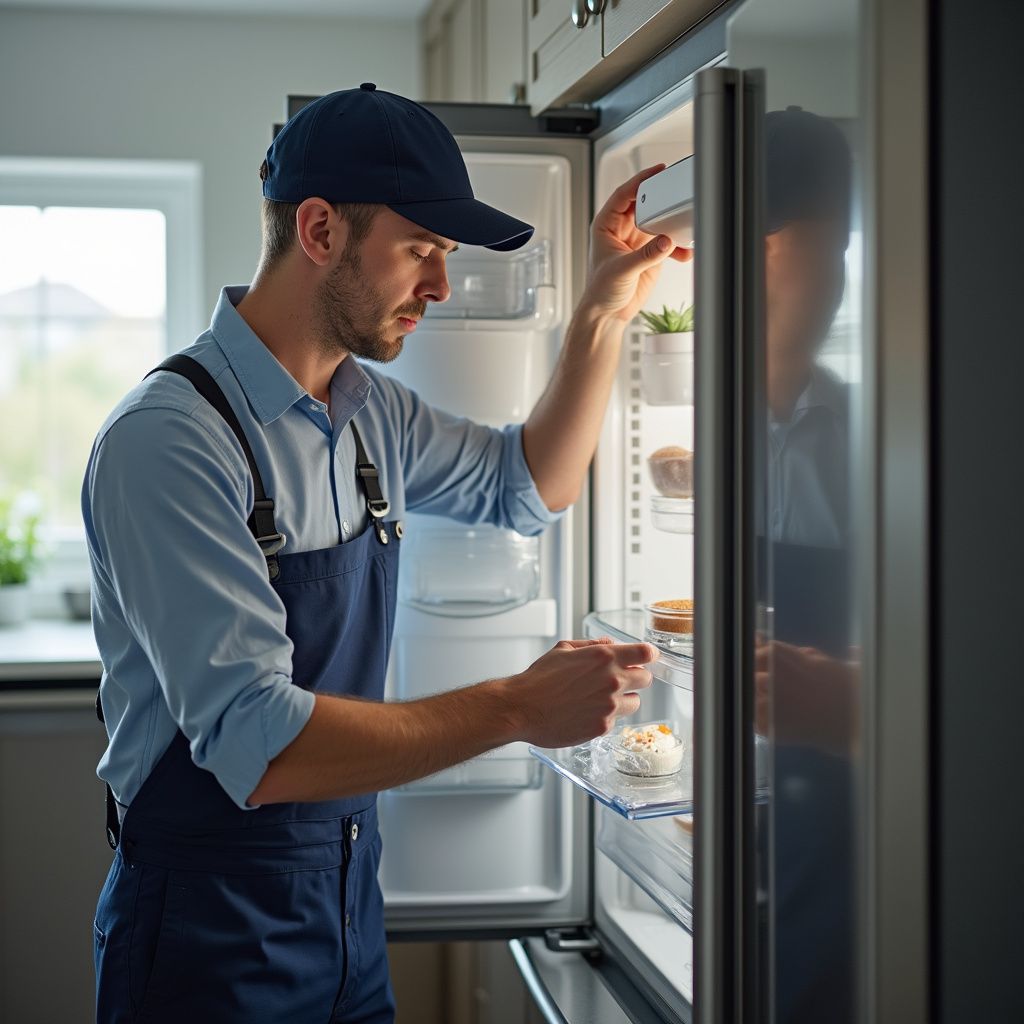 Technician in blue uniform examining refrigerator interior.