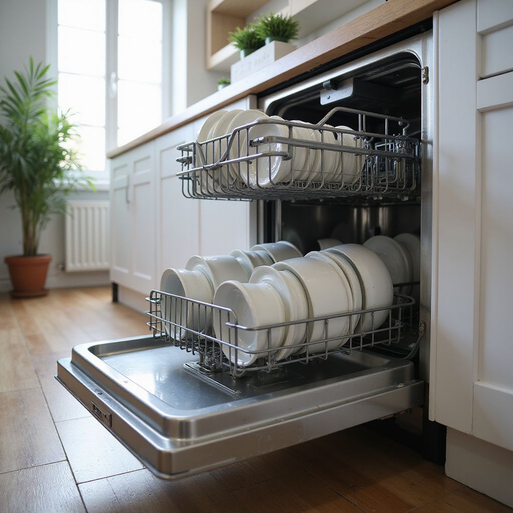 Dishwasher with open door, loaded with white dishes, in a white kitchen.