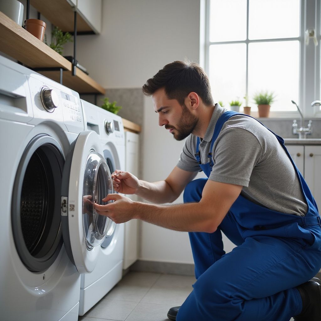 Man in blue overalls inspecting a washing machine in a laundry room.