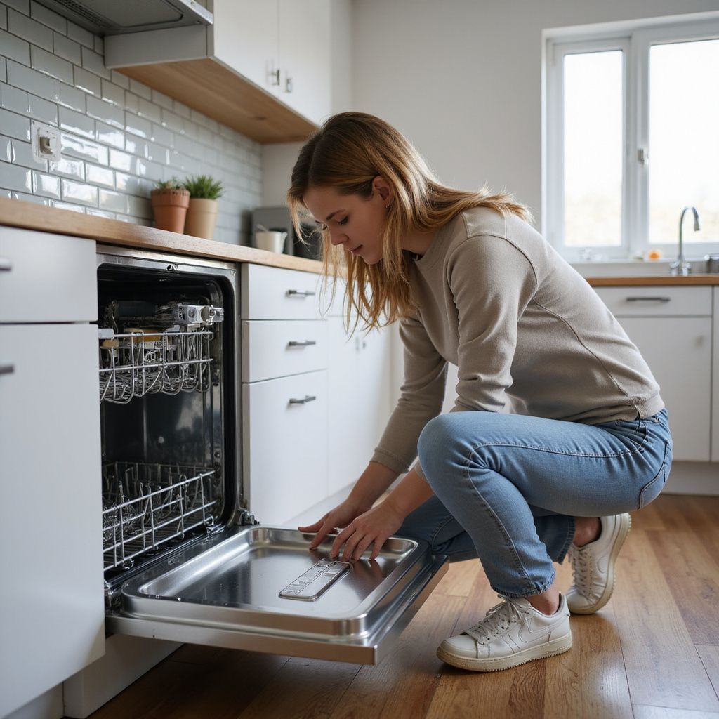 Woman emptying dishwasher in a white kitchen with wooden floors.
