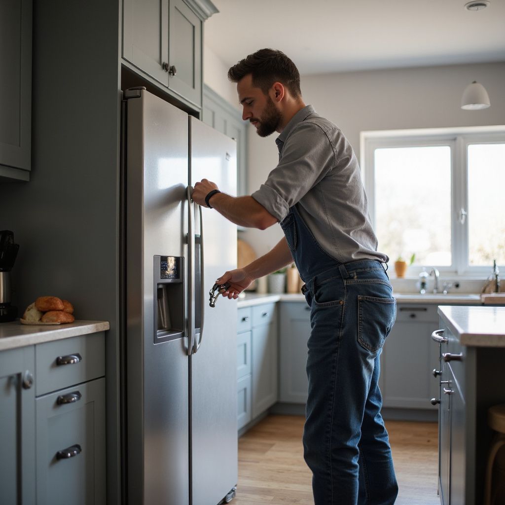 Man in kitchen opening a stainless steel refrigerator. Kitchen has grey cabinets and white countertops.
