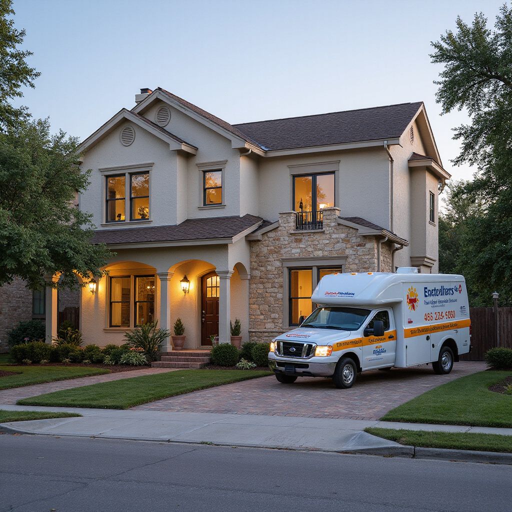 White service van parked in front of a two-story beige house with brick accents and manicured lawn.