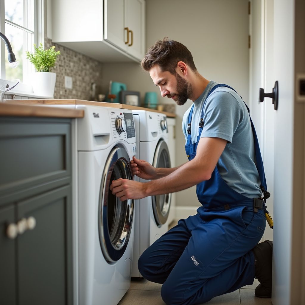 Man in blue overalls kneels, fixing a washing machine in a laundry room.