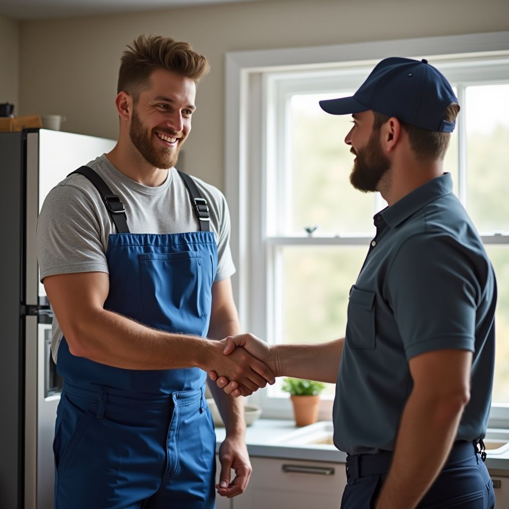 Two men shaking hands in a kitchen, one wearing overalls, the other a cap. Smiling, sunny setting.