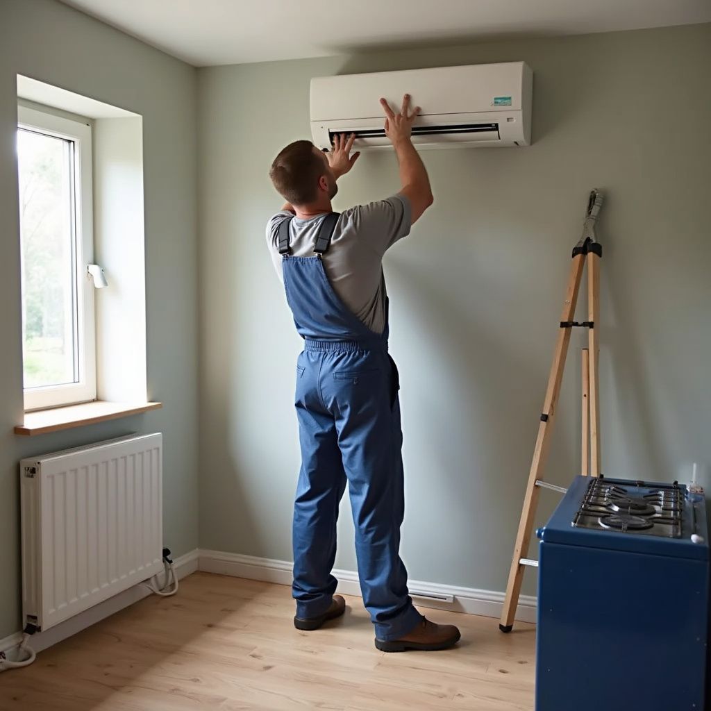 A technician in blue overalls installs an air conditioning unit on a wall in a room.