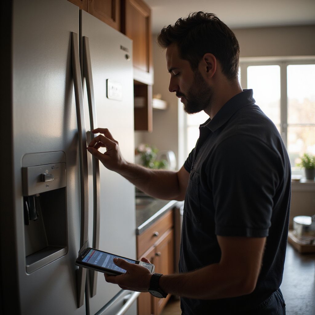Man interacting with a smart refrigerator, holding a tablet in a kitchen.
