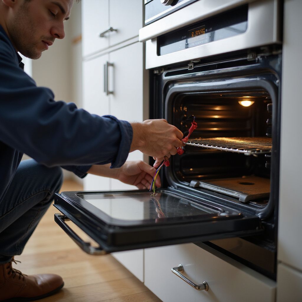 Man in kitchen fixing an oven; holding wires, oven door open.