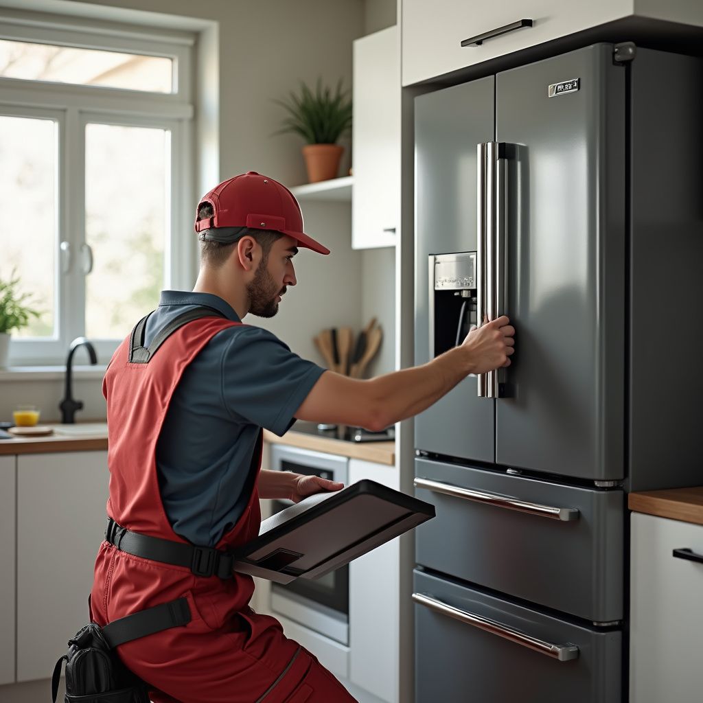 Technician in red overalls examining a gray refrigerator in a kitchen, holding a tablet.