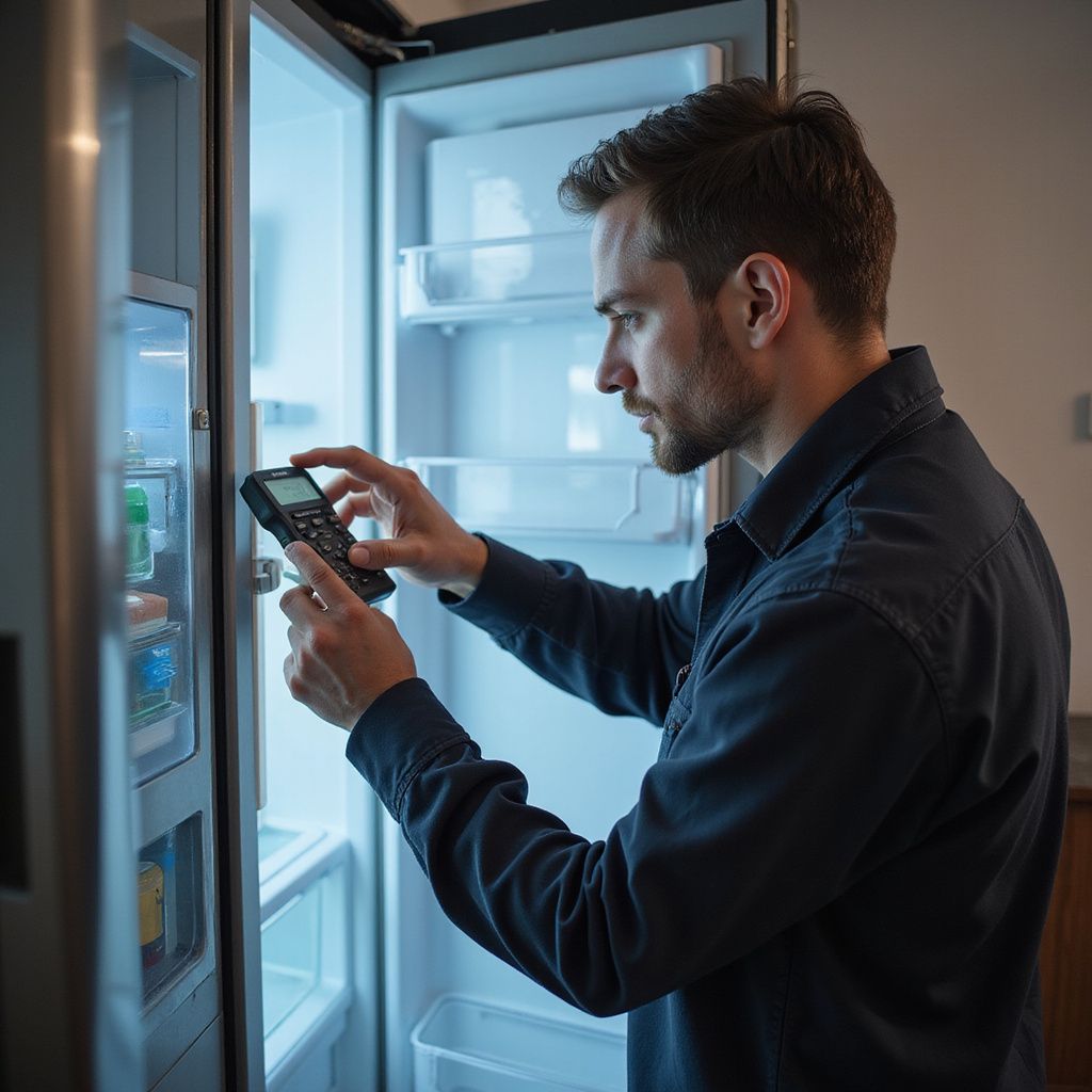 Man uses a handheld device to scan items inside a refrigerator.