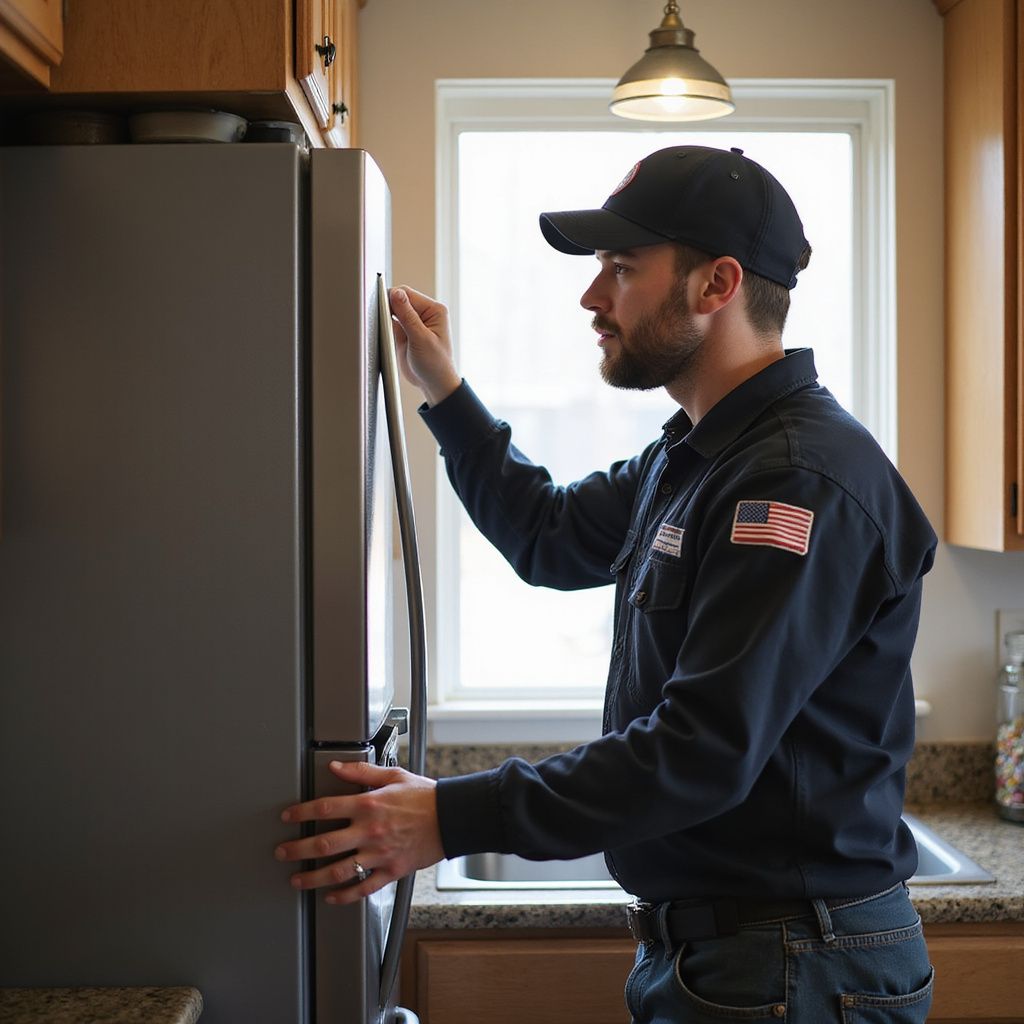Man in uniform checks a refrigerator in a kitchen; light from window, overhead light.