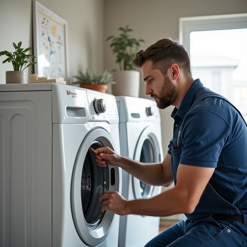Man in blue work shirt fixing a white washing machine in a laundry room.