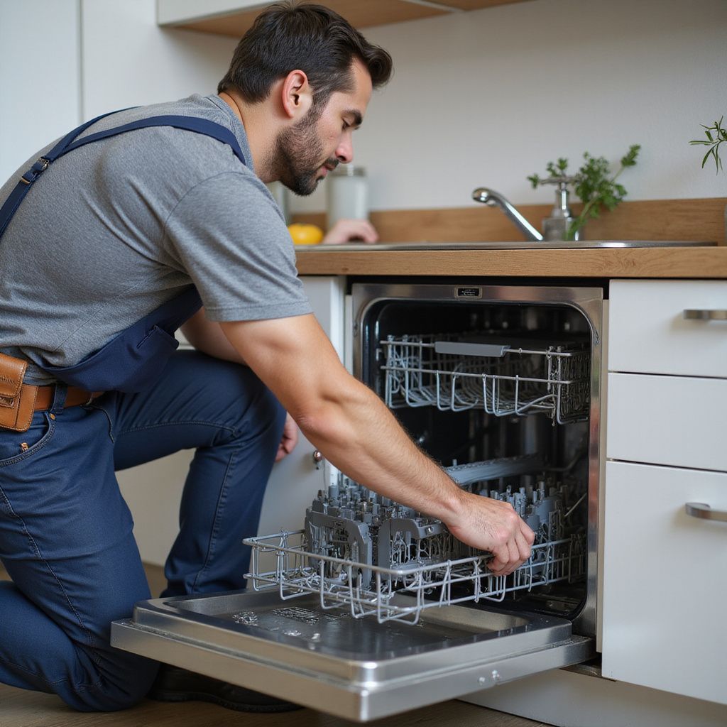 Person kneeling, examining a dishwasher. Wearing work overalls, in a modern kitchen.