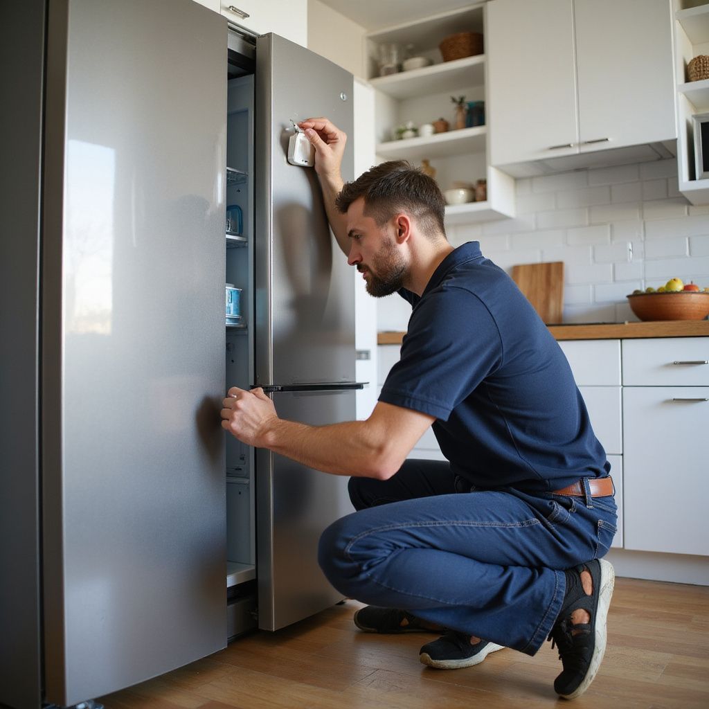 Man in blue uniform fixing a stainless steel refrigerator in a kitchen.