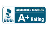 BBB Accredited Business logo, with a blue background and A+ rating. White flame and text.