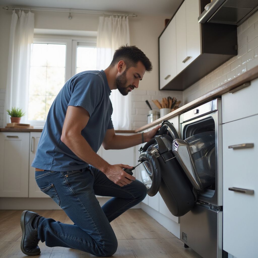 Man kneeling, repairing dishwasher with a screwdriver in a kitchen.