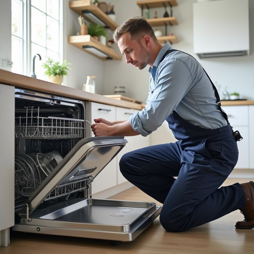 Man in overalls inspecting a dishwasher in a kitchen.