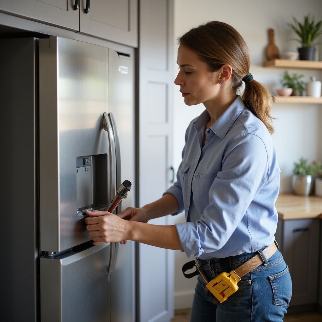 Woman in blue shirt, using tool on a stainless steel refrigerator door in a kitchen.