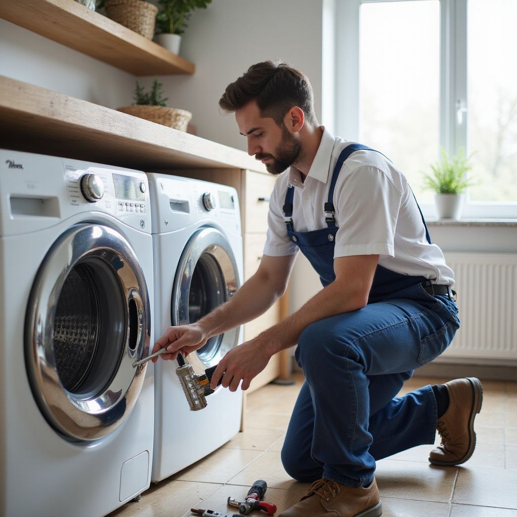 A person in overalls kneels by a washing machine, using tools to make a repair in a laundry room.